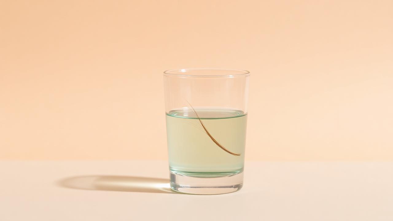 Glas Wasser mit einer einzelnen Haarsträhne als Test der Haarporosität