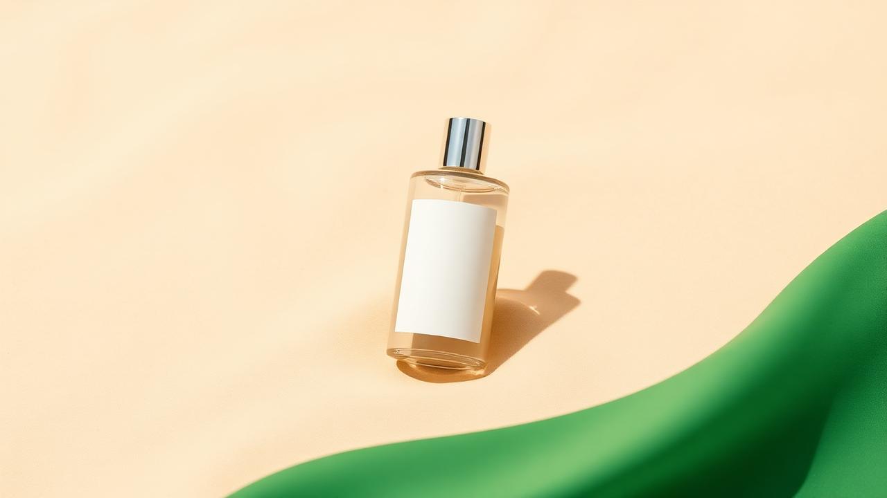 Schlichte Shampooflasche ohne Aufdruck auf sandfarbenem Hintergrund mit grünem Akzent