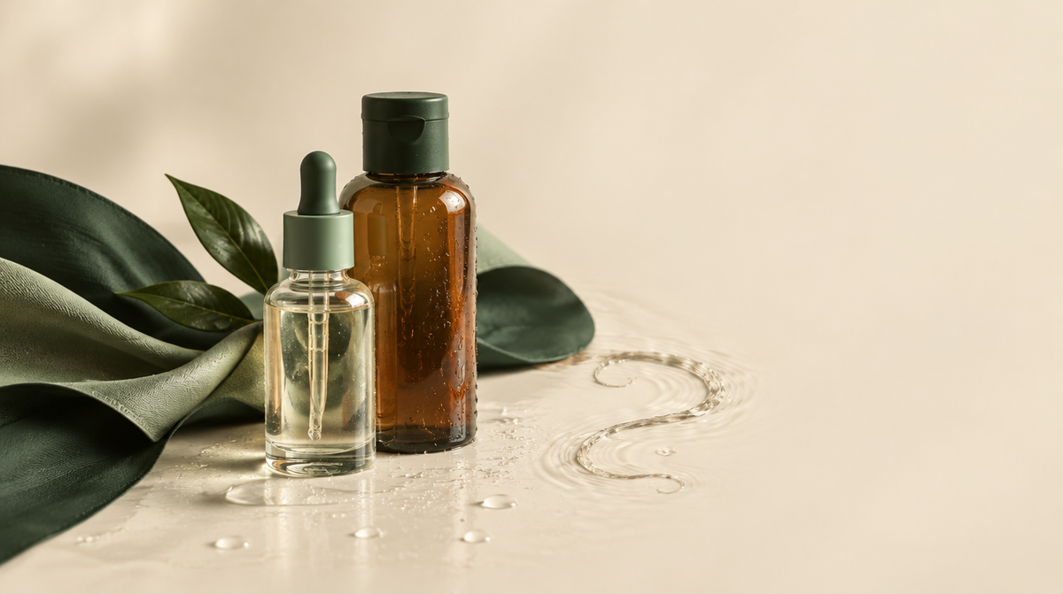 Editorial Flatlay mit Shampoo-Flasche, Wassertropfen und Lockenform in Creme, Grün und Salbei – ASELECION Magazin Titelbild zu Mikroplastik im Shampoo