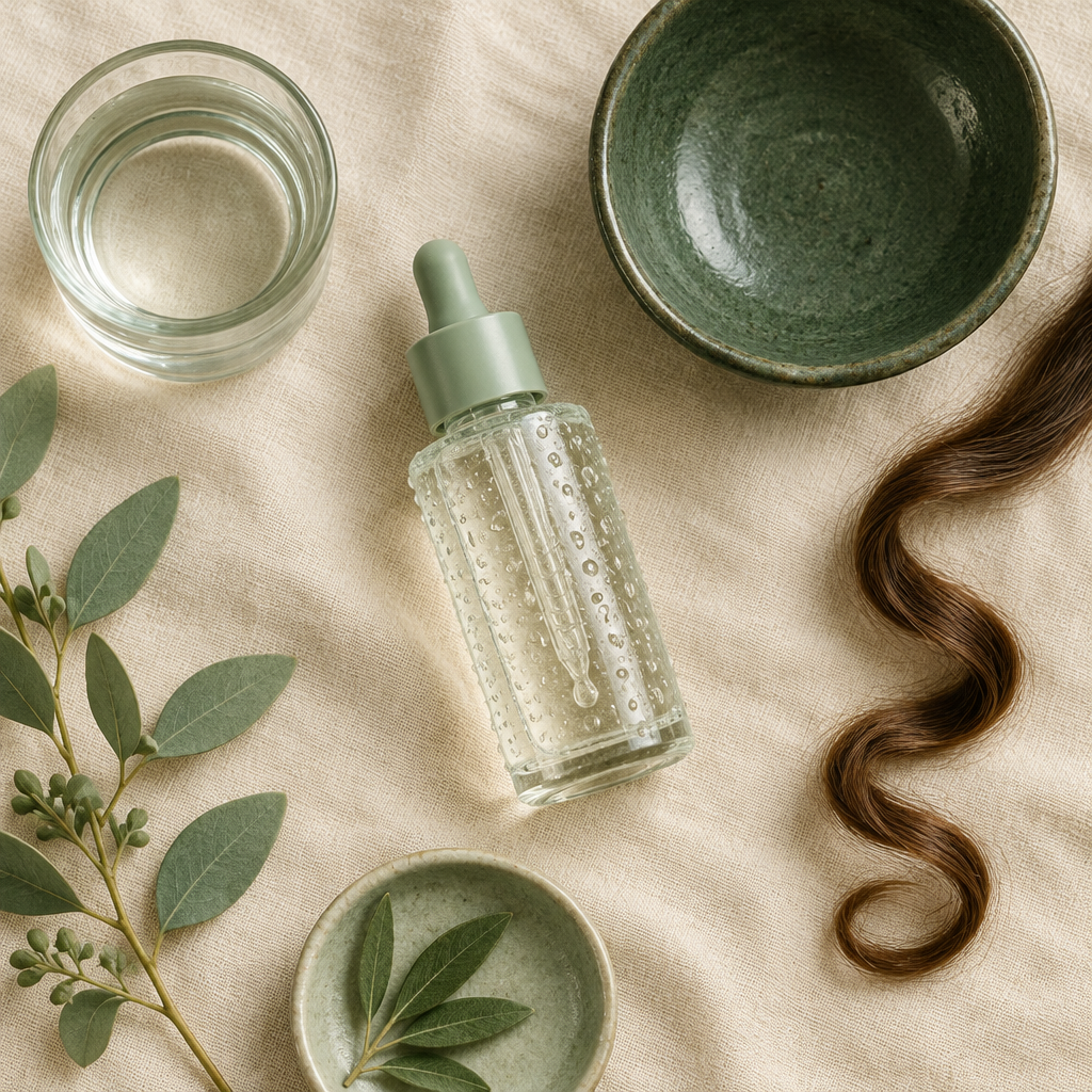 Editorial Flatlay mit Tropfflasche, Wasserglas und Lockenstrahne auf Leinen in Creme, Grün und Salbei – ASELECION Magazin Titelbild zu Hygral Fatigue